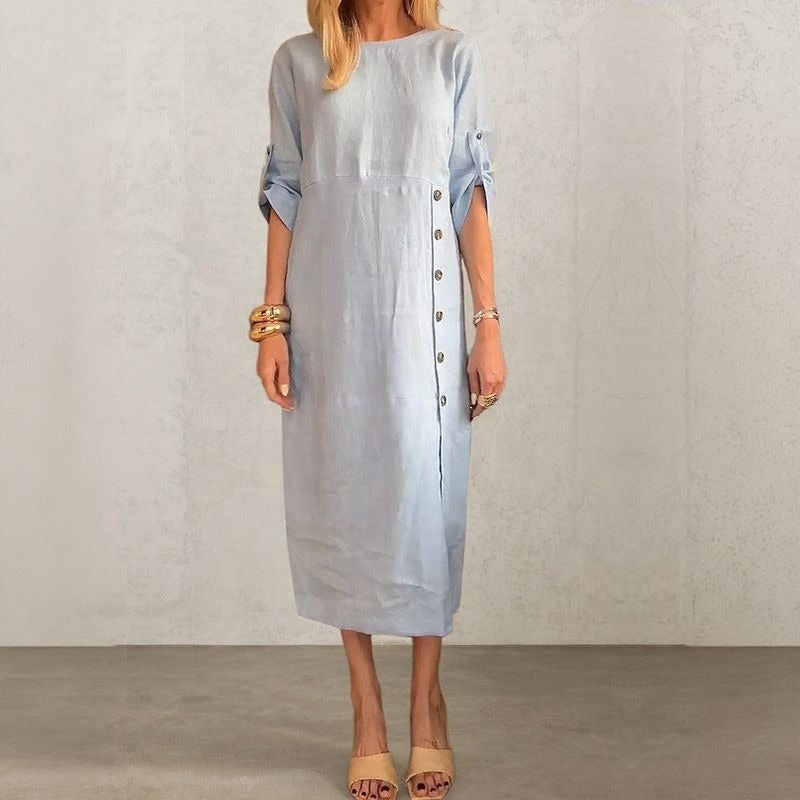 UTA - LEINEN-KLEID MIT KNOPFLEISTE