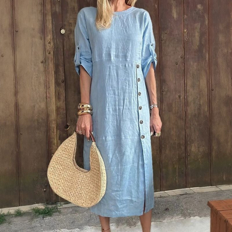 UTA - LEINEN-KLEID MIT KNOPFLEISTE