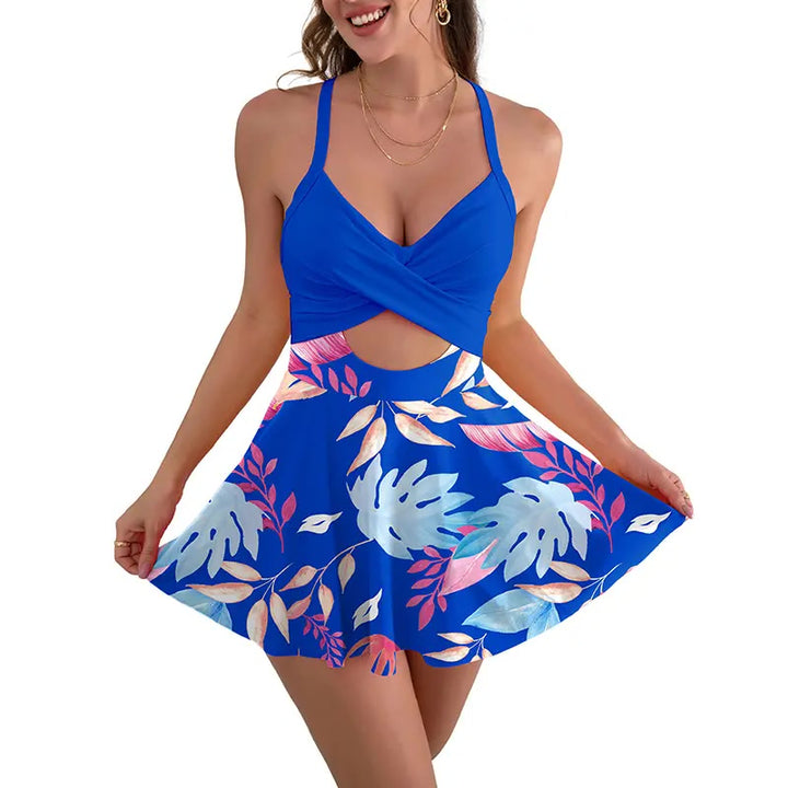 Badekleid – Cutout Einteiler mit Röckchen - Blue,floral