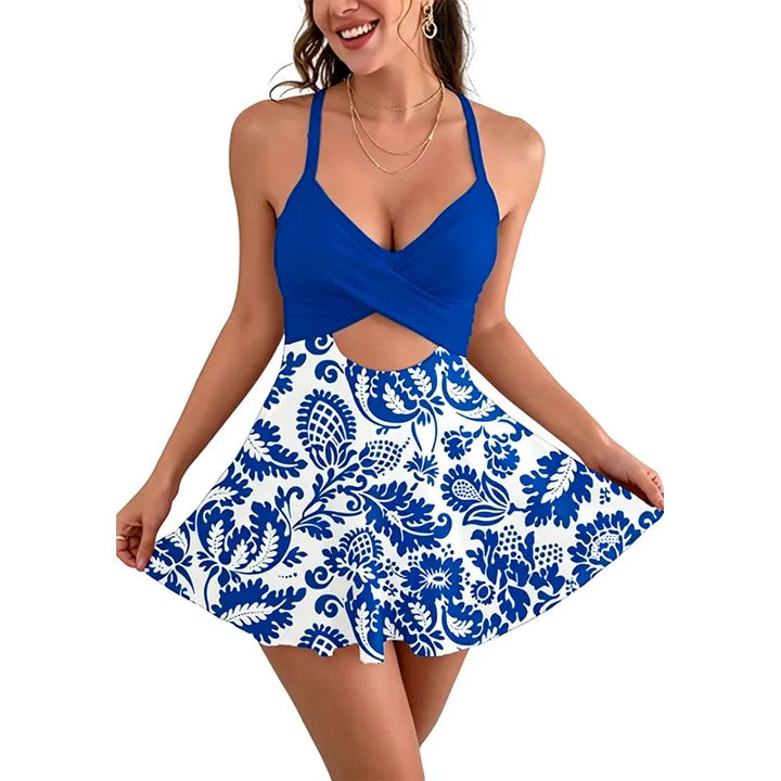 Badekleid – Cutout Einteiler mit Röckchen - Blue, print