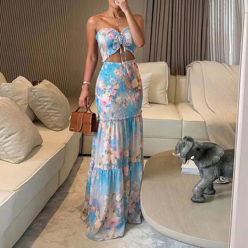Maxikleid – Tropical Floral mit Smok-Bund - Style4-Lighted Blue