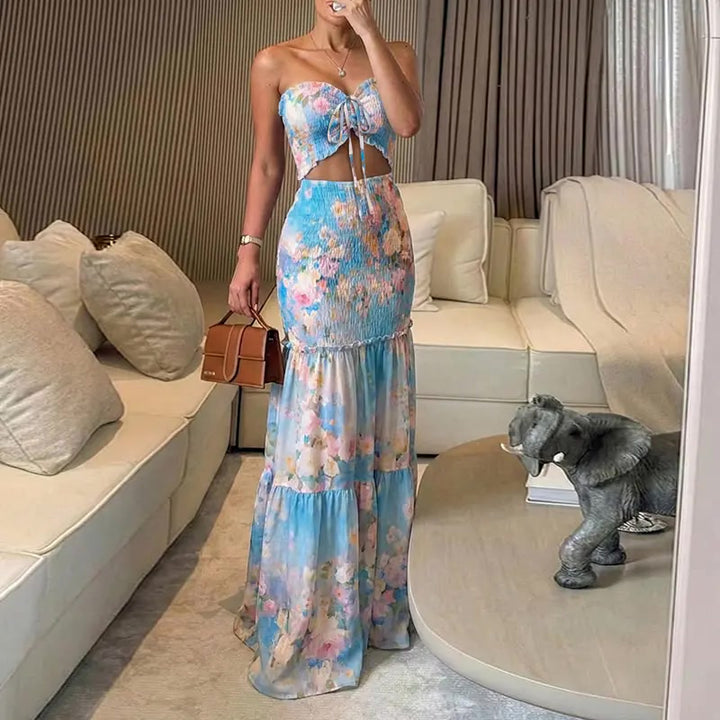 Maxikleid – Tropical Floral mit Smok-Bund - Style4-Lighted Blue