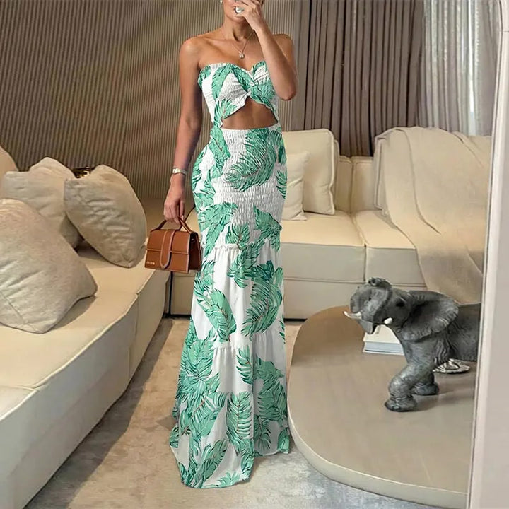 Maxikleid – Tropical Floral mit Smok-Bund - Style1-Green