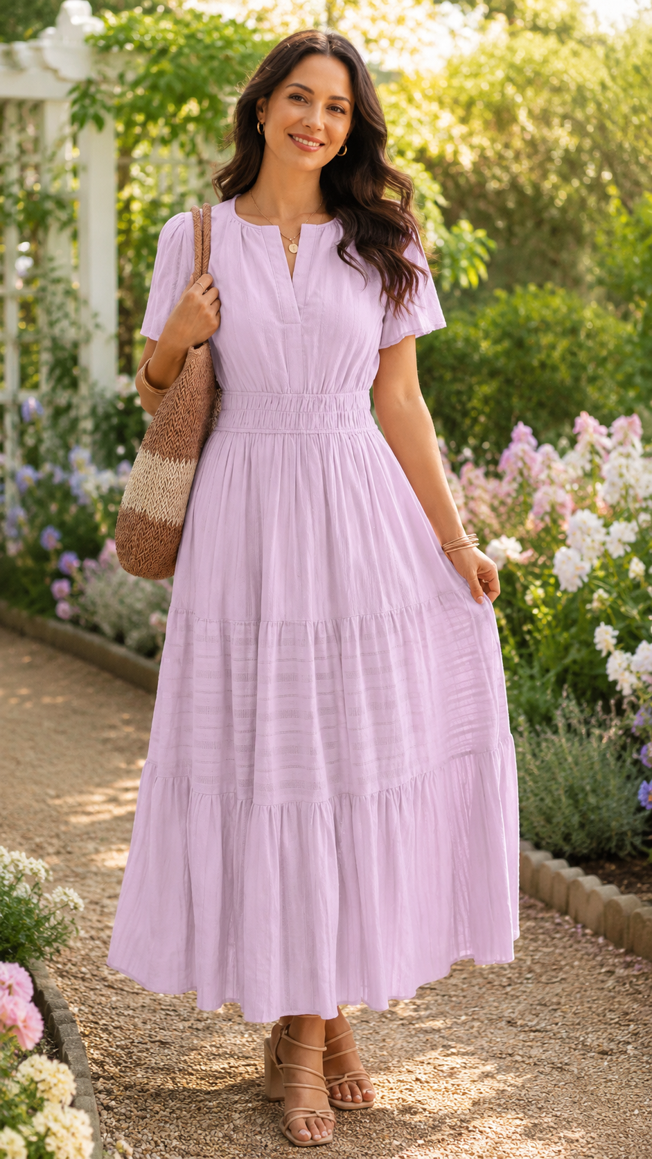 Maxikleid – Leichtes Sommerkleid mit Taschen - Light Pink Purple getragen