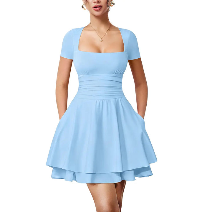 Minikleid – Carré-Ausschnitt mit Rüschensaum - Sky Blue
