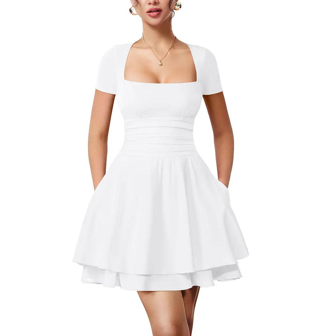 Minikleid – Carré-Ausschnitt mit Rüschensaum - White