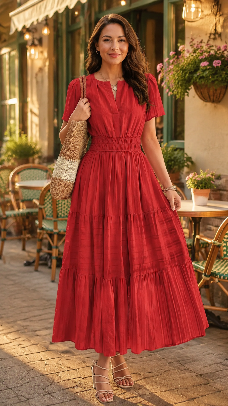Maxikleid – Leichtes Sommerkleid mit Taschen - Red getragen