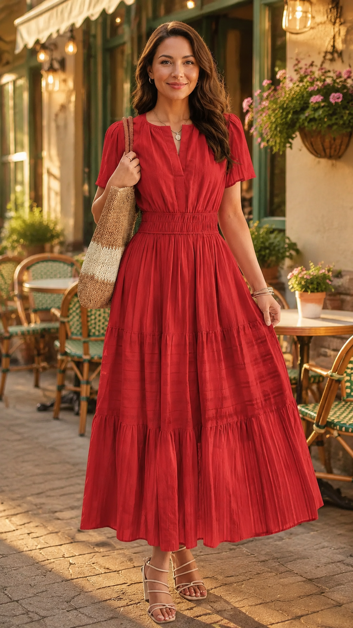 Maxikleid – Leichtes Sommerkleid mit Taschen - Red getragen