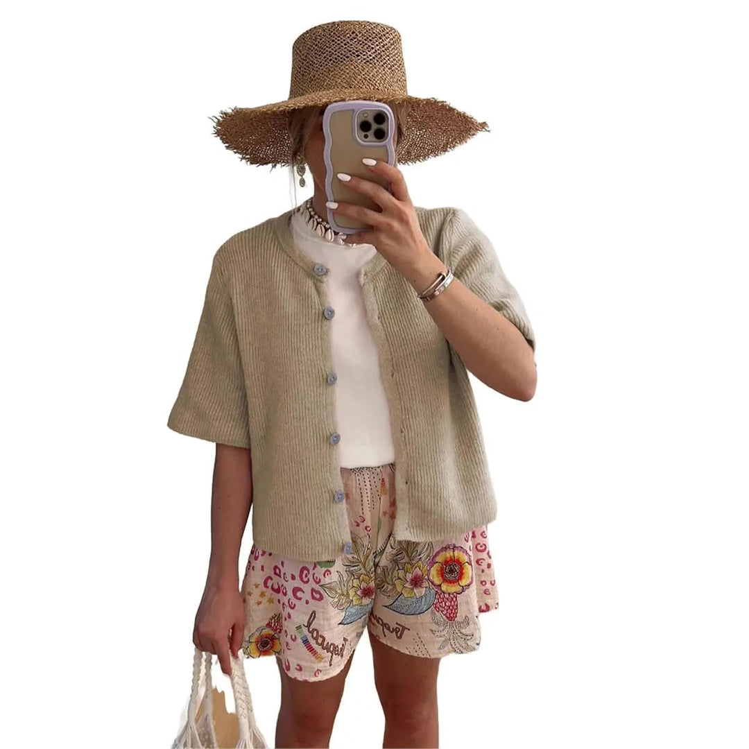 Strickjacke – Kurzarm Cardigan mit Rundhals - Khaki