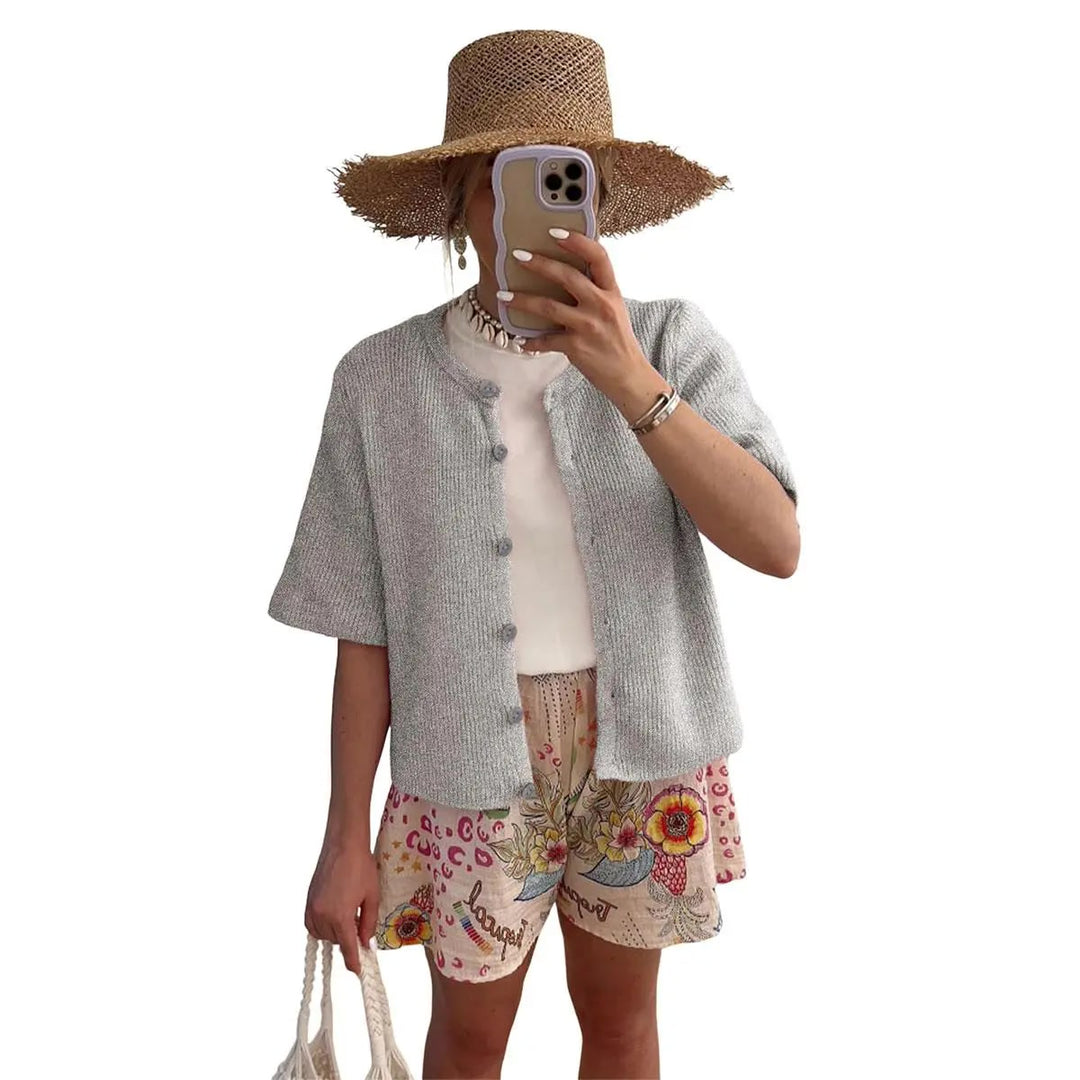 Strickjacke – Kurzarm Cardigan mit Rundhals - Grey