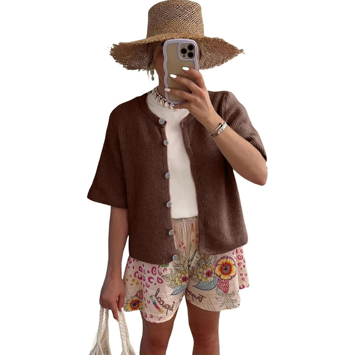 Strickjacke – Kurzarm Cardigan mit Rundhals - Brown