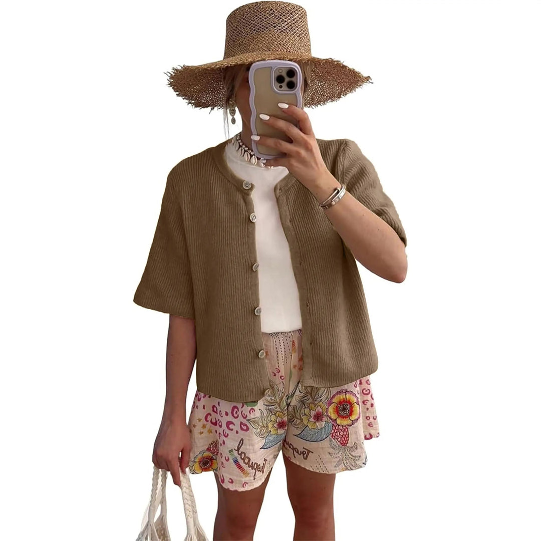 Strickjacke – Kurzarm Cardigan mit Rundhals - Coffee