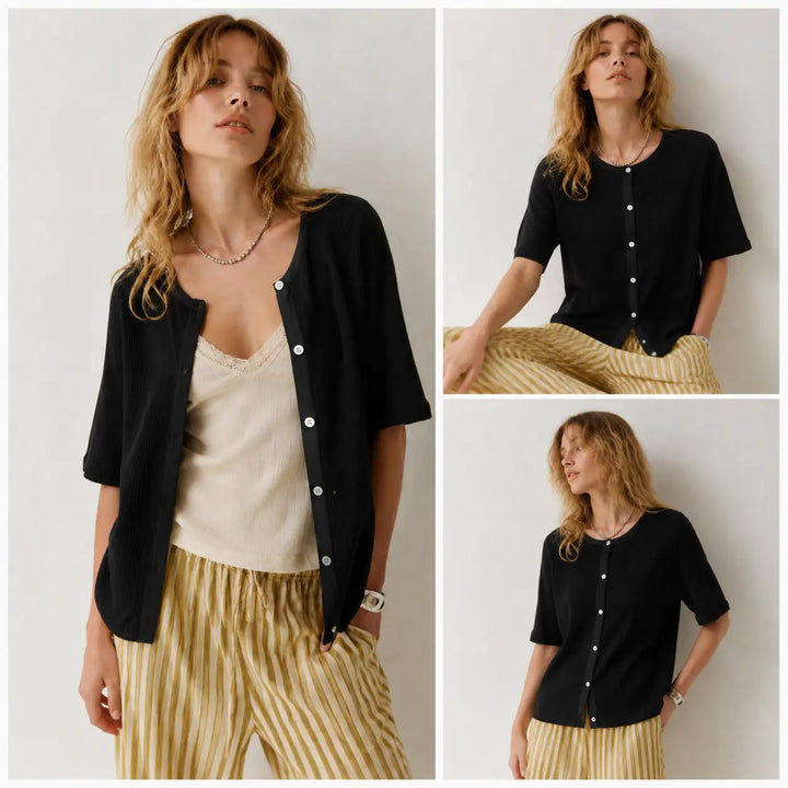 Strickjacke – Kurzarm Cardigan mit Rundhals - Lifestyle