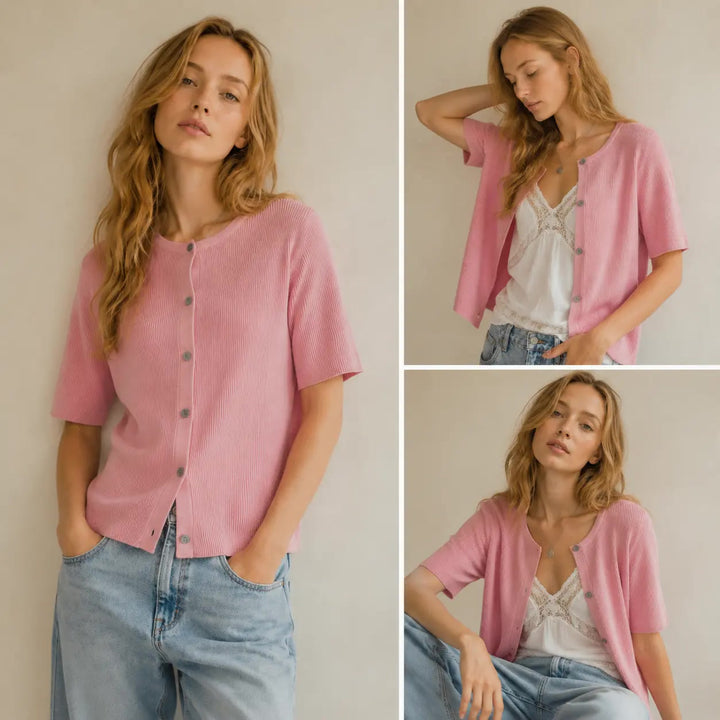Strickjacke – Kurzarm Cardigan mit Rundhals - Lifestyle