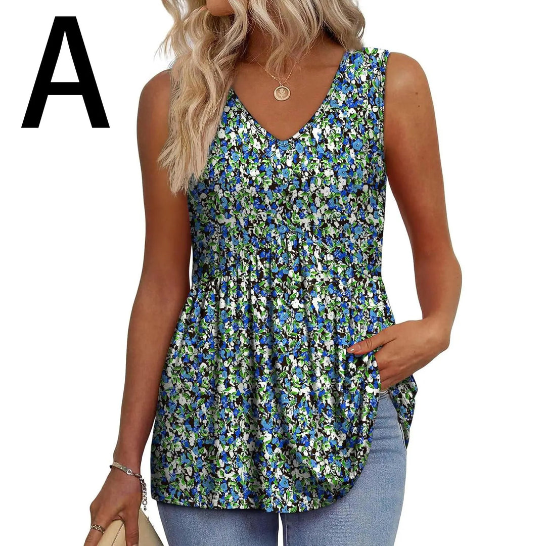 Peplum-Top – Fließendes ärmelloses Sommertop - A-blue Floral