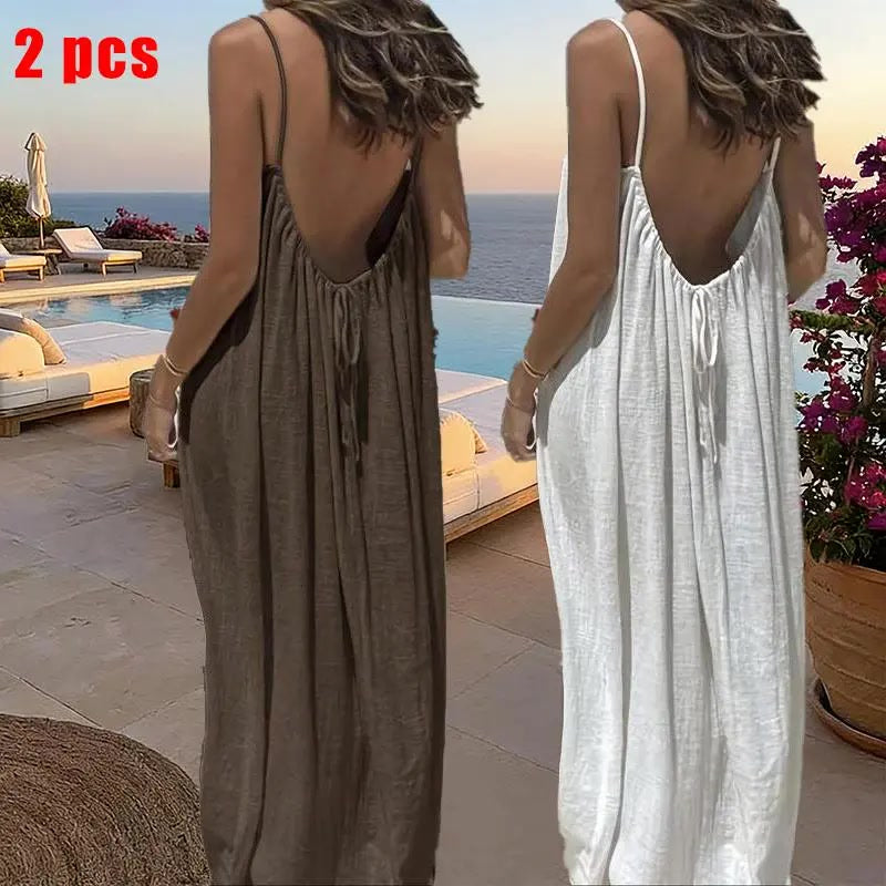 Sommerkleid – Ärmelloses Cami-Maxikleid - 2pcs brown/Off White