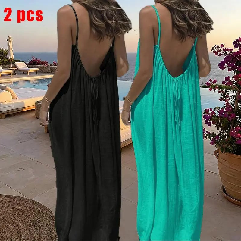 Sommerkleid – Ärmelloses Cami-Maxikleid - 2pcs Turquoise/black