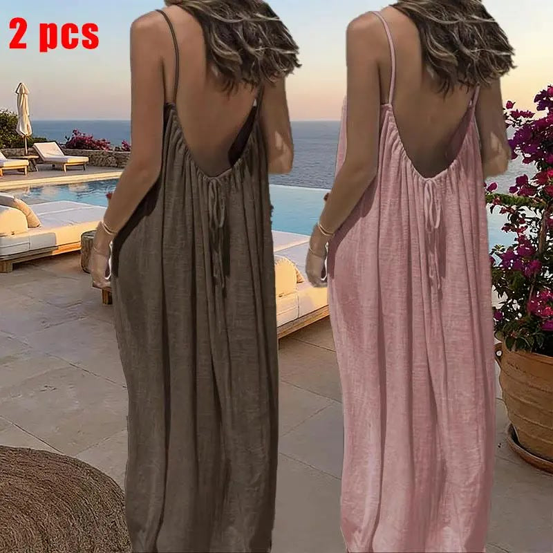 Sommerkleid – Ärmelloses Cami-Maxikleid - 2pcs brown/baby Pink